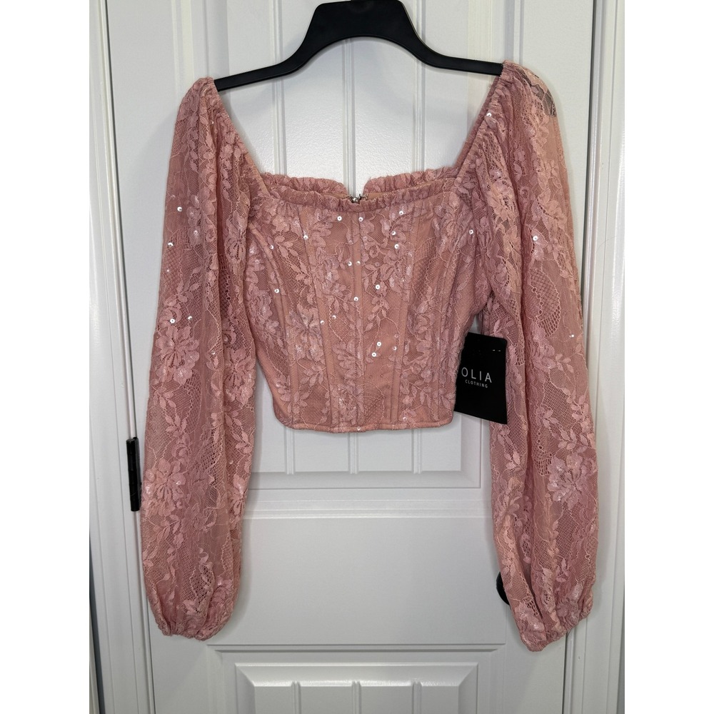 Lulu's Small Pink Lace‎ Sequin Corset Top Olia Long Sleeve Romantic Coquette